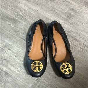 Tory Burch Black Leather Logo Ballet Flats Size 8
